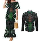 Maori Taiaha Pounamu Whakairo Personalized Couples Matching Mermaid Dress and Long Sleeve Button Shirt Jade Poutama Motifs