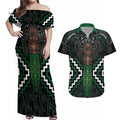 Maori Taiaha Pounamu Whakairo Personalized Couples Matching Off Shoulder Maxi Dress and Hawaiian Shirt Jade Poutama Motifs