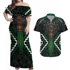 Maori Taiaha Pounamu Whakairo Personalized Couples Matching Off Shoulder Maxi Dress and Hawaiian Shirt Jade Poutama Motifs