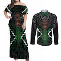 Maori Taiaha Pounamu Whakairo Personalized Couples Matching Off Shoulder Maxi Dress and Long Sleeve Button Shirt Jade Poutama Motifs