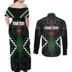Maori Taiaha Pounamu Whakairo Personalized Couples Matching Off Shoulder Maxi Dress and Long Sleeve Button Shirt Jade Poutama Motifs