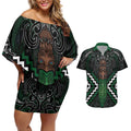 Maori Taiaha Pounamu Whakairo Personalized Couples Matching Off Shoulder Short Dress and Hawaiian Shirt Jade Poutama Motifs