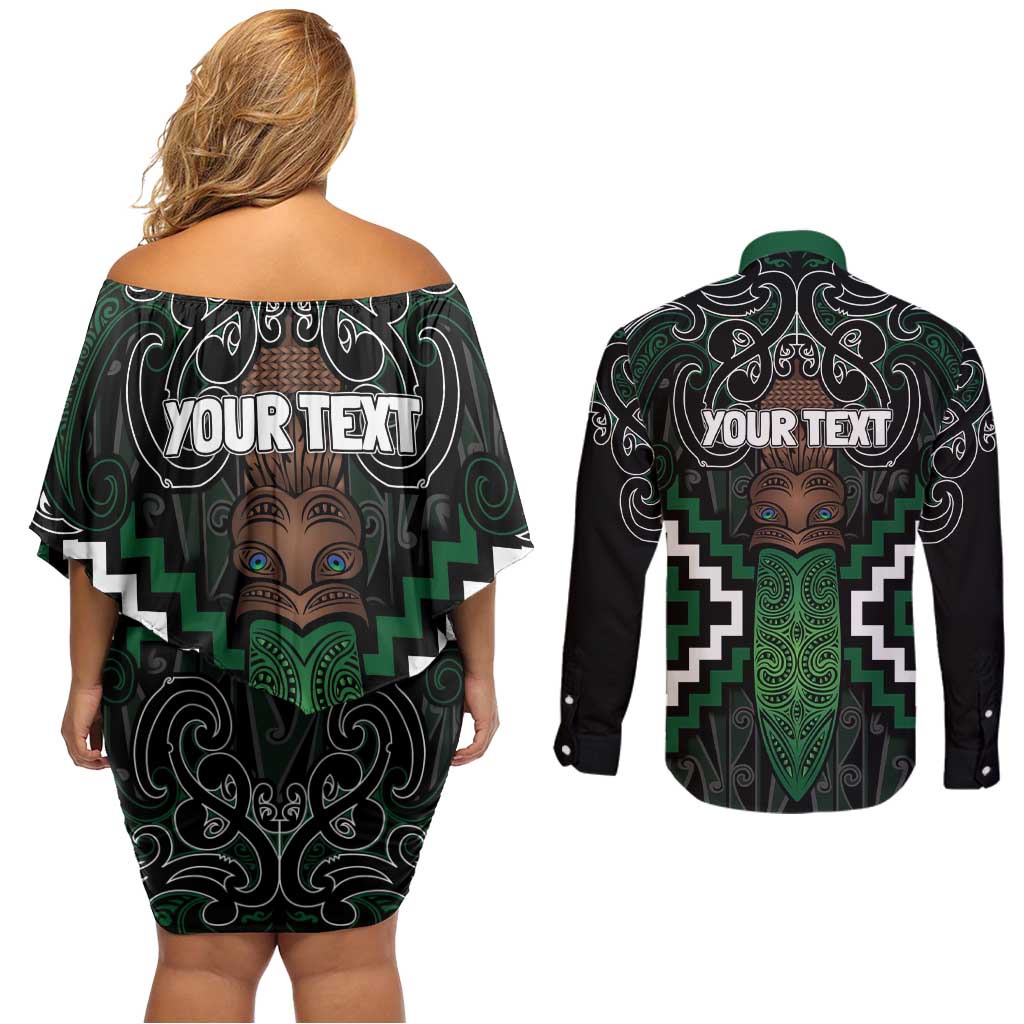 Maori Taiaha Pounamu Whakairo Personalized Couples Matching Off Shoulder Short Dress and Long Sleeve Button Shirt Jade Poutama Motifs