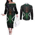 Maori Taiaha Pounamu Whakairo Personalized Couples Matching Off The Shoulder Long Sleeve Dress and Long Sleeve Button Shirt Jade Poutama Motifs