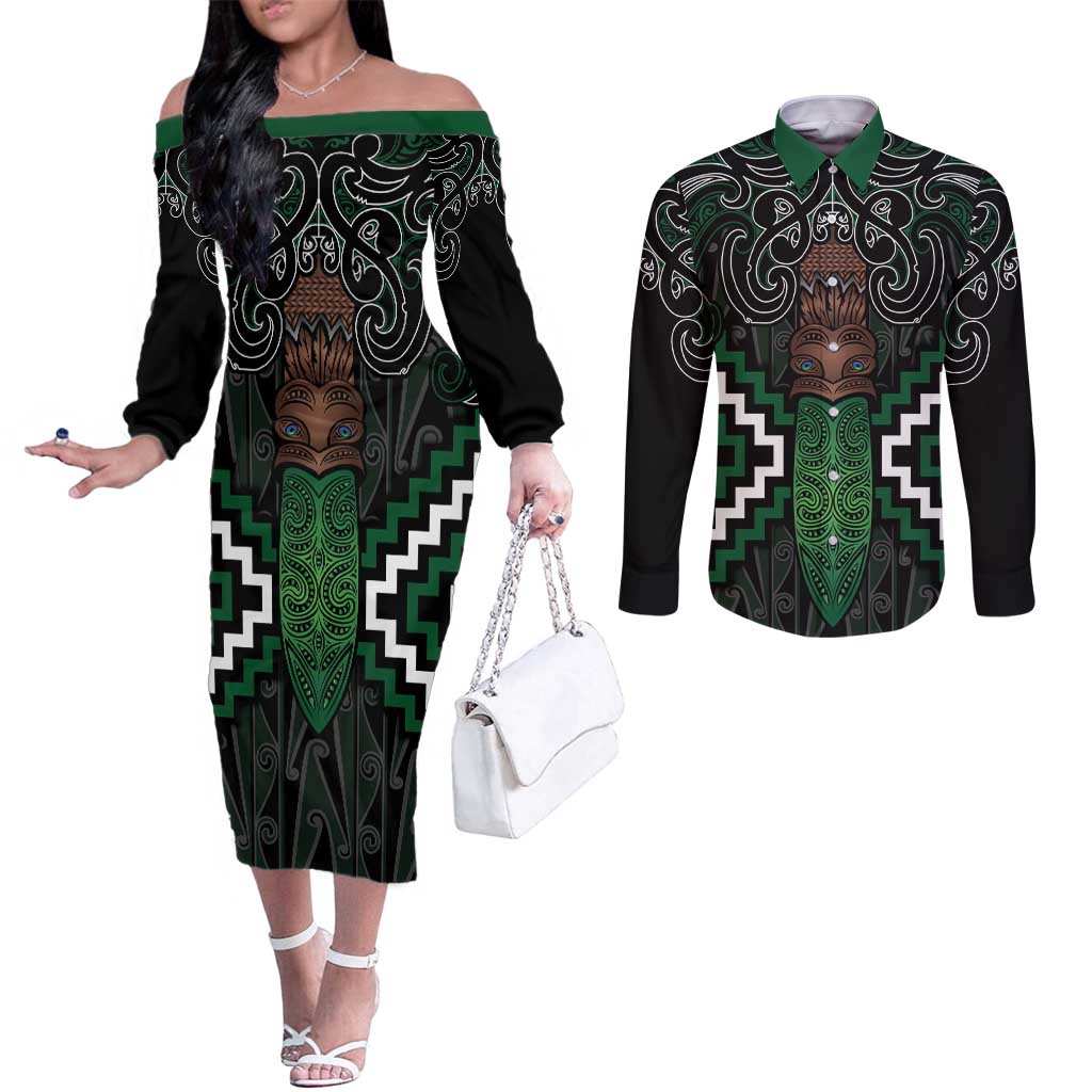 Maori Taiaha Pounamu Whakairo Personalized Couples Matching Off The Shoulder Long Sleeve Dress and Long Sleeve Button Shirt Jade Poutama Motifs