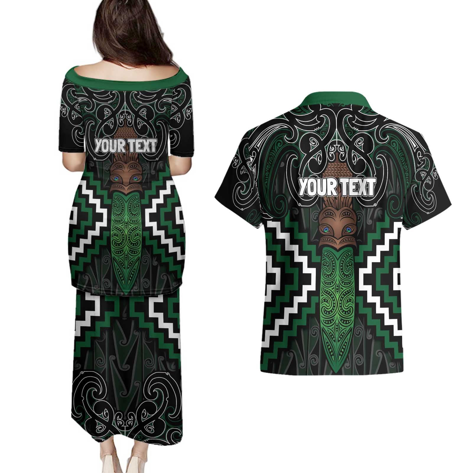 Maori Taiaha Pounamu Whakairo Personalized Couples Matching Puletasi and Hawaiian Shirt Jade Poutama Motifs