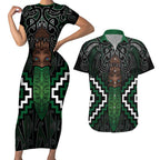 Maori Taiaha Pounamu Whakairo Personalized Couples Matching Short Sleeve Bodycon Dress and Hawaiian Shirt Jade Poutama Motifs