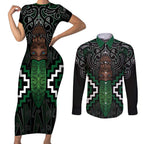 Maori Taiaha Pounamu Whakairo Personalized Couples Matching Short Sleeve Bodycon Dress and Long Sleeve Button Shirt Jade Poutama Motifs