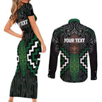 Maori Taiaha Pounamu Whakairo Personalized Couples Matching Short Sleeve Bodycon Dress and Long Sleeve Button Shirt Jade Poutama Motifs