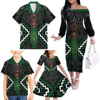 Maori Taiaha Pounamu Whakairo Personalized Family Matching Off The Shoulder Long Sleeve Dress and Hawaiian Shirt Jade Poutama Motifs