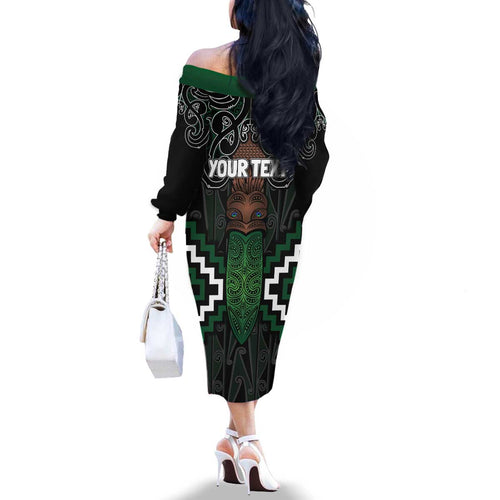 Maori Taiaha Pounamu Whakairo Personalized Family Matching Off The Shoulder Long Sleeve Dress and Hawaiian Shirt Jade Poutama Motifs