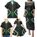 Maori Taiaha Pounamu Whakairo Personalized Family Matching Puletasi and Hawaiian Shirt Jade Poutama Motifs