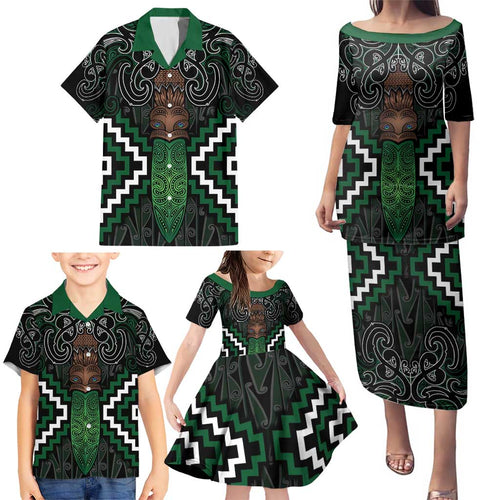 Maori Taiaha Pounamu Whakairo Personalized Family Matching Puletasi and Hawaiian Shirt Jade Poutama Motifs