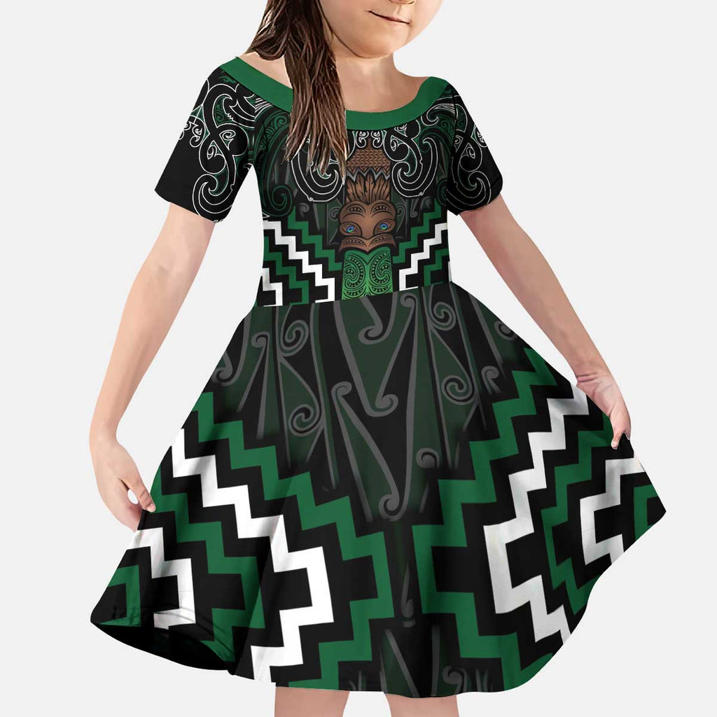 Maori Taiaha Pounamu Whakairo Personalized Kid Short Sleeve Dress Jade Poutama Motifs