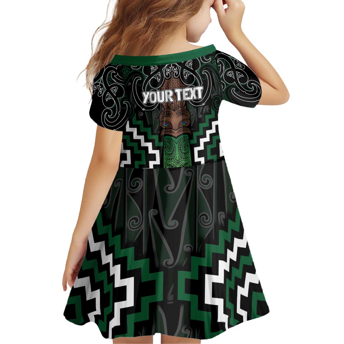 Maori Taiaha Pounamu Whakairo Personalized Kid Short Sleeve Dress Jade Poutama Motifs