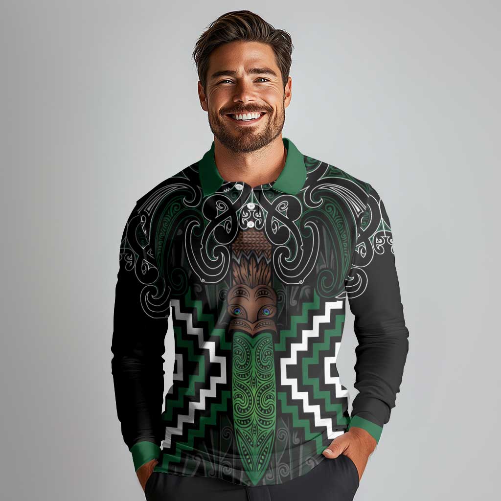 Maori Taiaha Pounamu Whakairo Personalized Long Sleeve Polo Shirt Jade Poutama Motifs