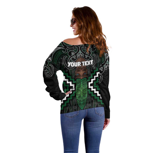 Maori Taiaha Pounamu Whakairo Personalized Off Shoulder Sweater Jade Poutama Motifs