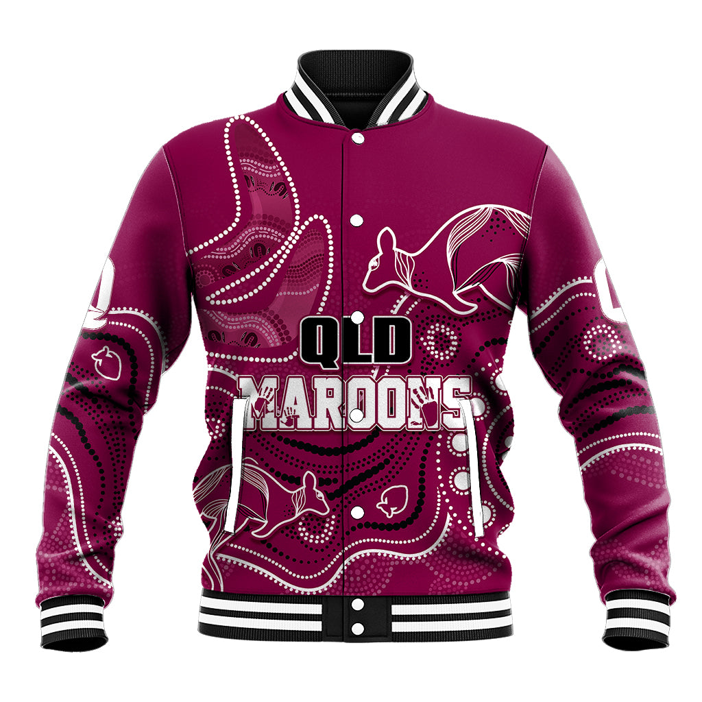 personalised-qld-maroons-rugby-indigenous-baseball-jacket-kangaroo-mix-boomerang