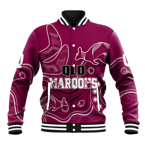 personalised-qld-maroons-rugby-indigenous-baseball-jacket-kangaroo-mix-boomerang