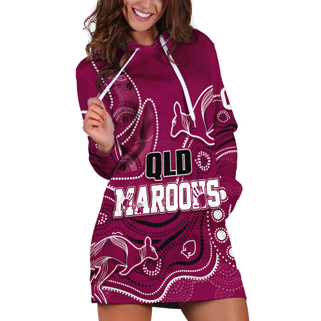 personalised-qld-maroons-rugby-indigenous-hoodie-dress-kangaroo-mix-boomerang
