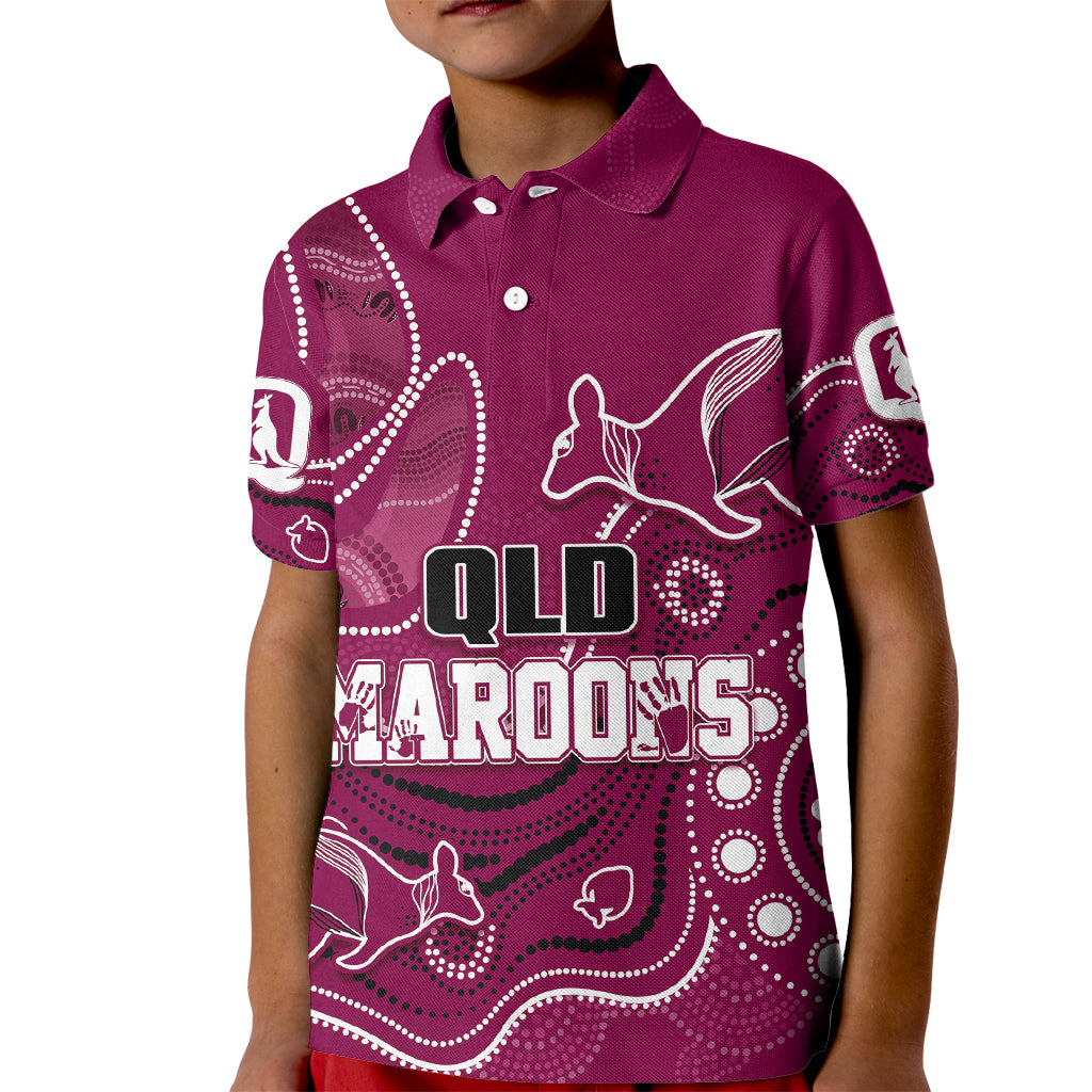 personalised-qld-maroons-rugby-indigenous-kid-polo-shirt-kangaroo-mix-boomerang