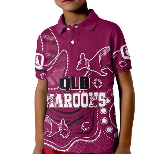 personalised-qld-maroons-rugby-indigenous-kid-polo-shirt-kangaroo-mix-boomerang
