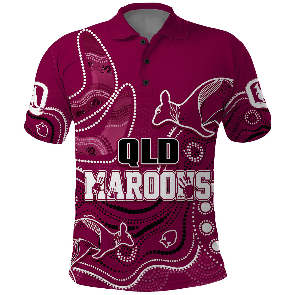 personalised-qld-maroons-rugby-indigenous-polo-shirt-kangaroo-mix-boomerang