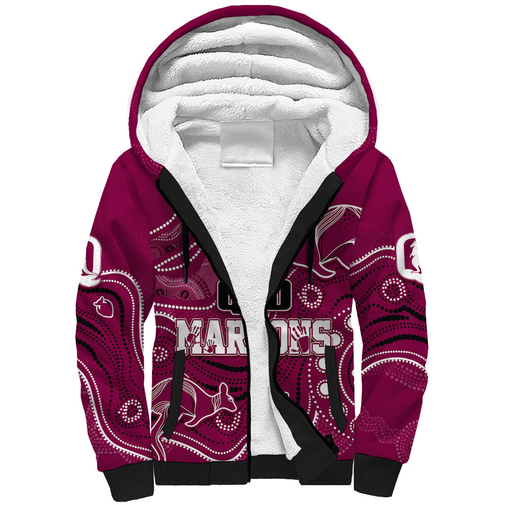 personalised-qld-maroons-rugby-indigenous-sherpa-hoodie-kangaroo-mix-boomerang