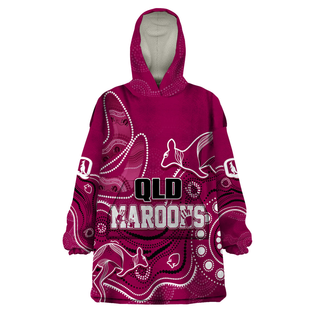 personalised-qld-maroons-rugby-indigenous-wearable-blanket-hoodie-kangaroo-mix-boomerang