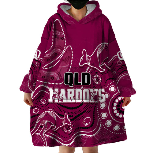 personalised-qld-maroons-rugby-indigenous-wearable-blanket-hoodie-kangaroo-mix-boomerang