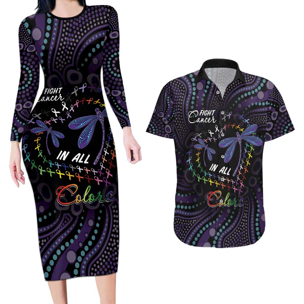 Fight Cancer In All Colors Australia Indigenous Couples Matching Long Sleeve Bodycon Dress and Hawaiian Shirt Dragonflies Aboriginal Art