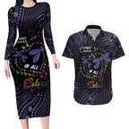 Fight Cancer In All Colors Australia Indigenous Couples Matching Long Sleeve Bodycon Dress and Hawaiian Shirt Dragonflies Aboriginal Art