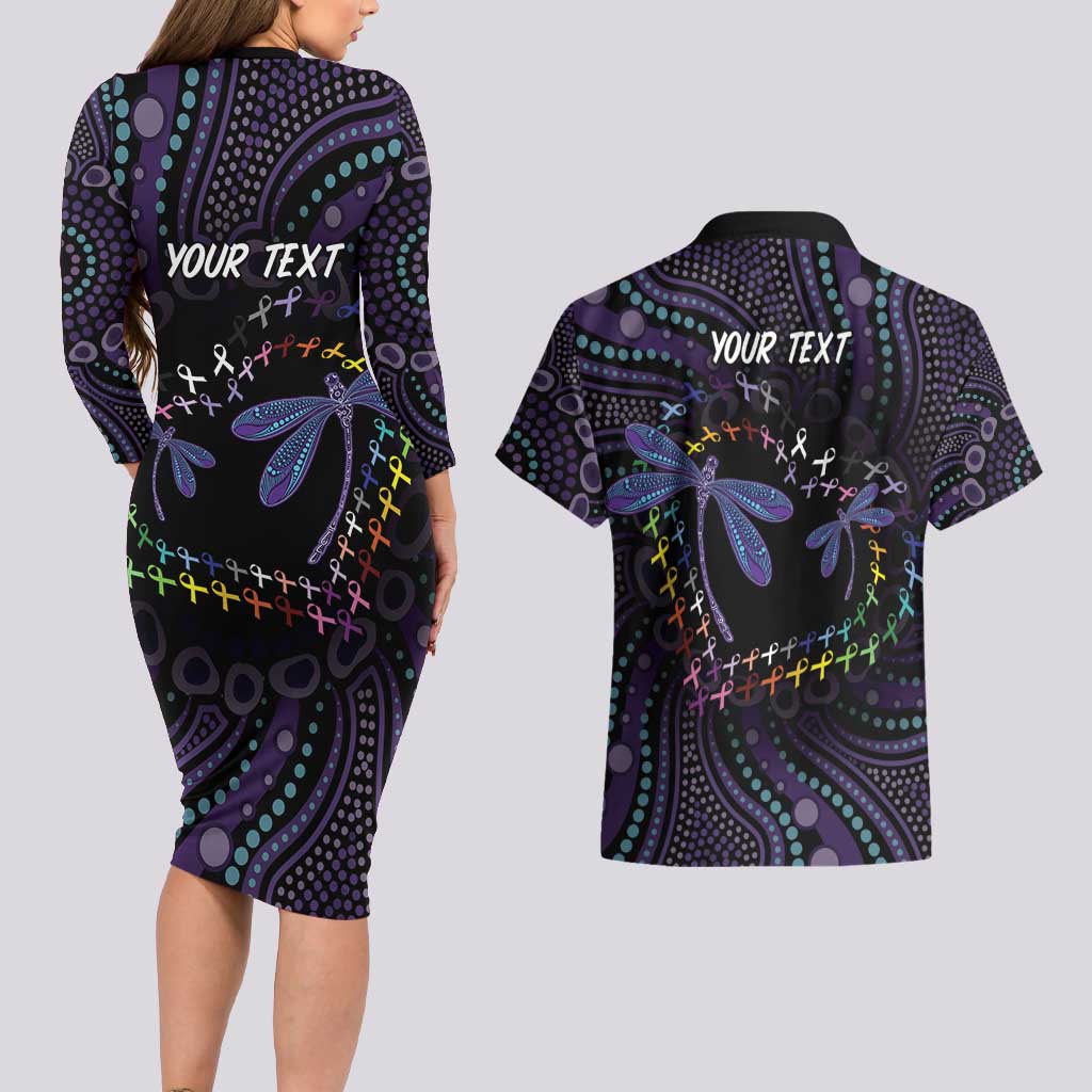 Fight Cancer In All Colors Australia Indigenous Couples Matching Long Sleeve Bodycon Dress and Hawaiian Shirt Dragonflies Aboriginal Art