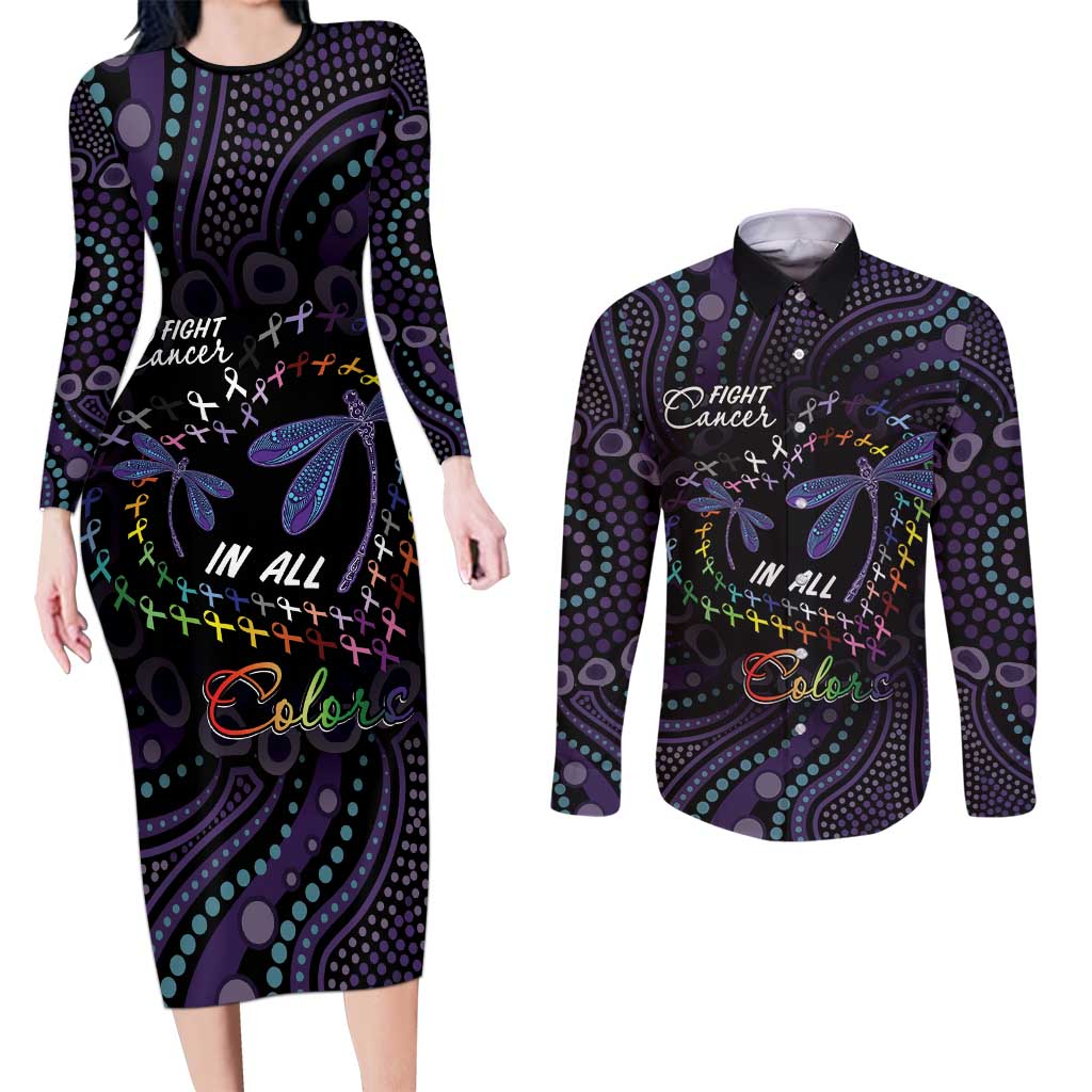 Fight Cancer In All Colors Australia Indigenous Couples Matching Long Sleeve Bodycon Dress and Long Sleeve Button Shirt Dragonflies Aboriginal Art
