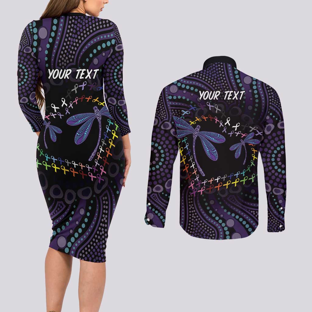 Fight Cancer In All Colors Australia Indigenous Couples Matching Long Sleeve Bodycon Dress and Long Sleeve Button Shirt Dragonflies Aboriginal Art
