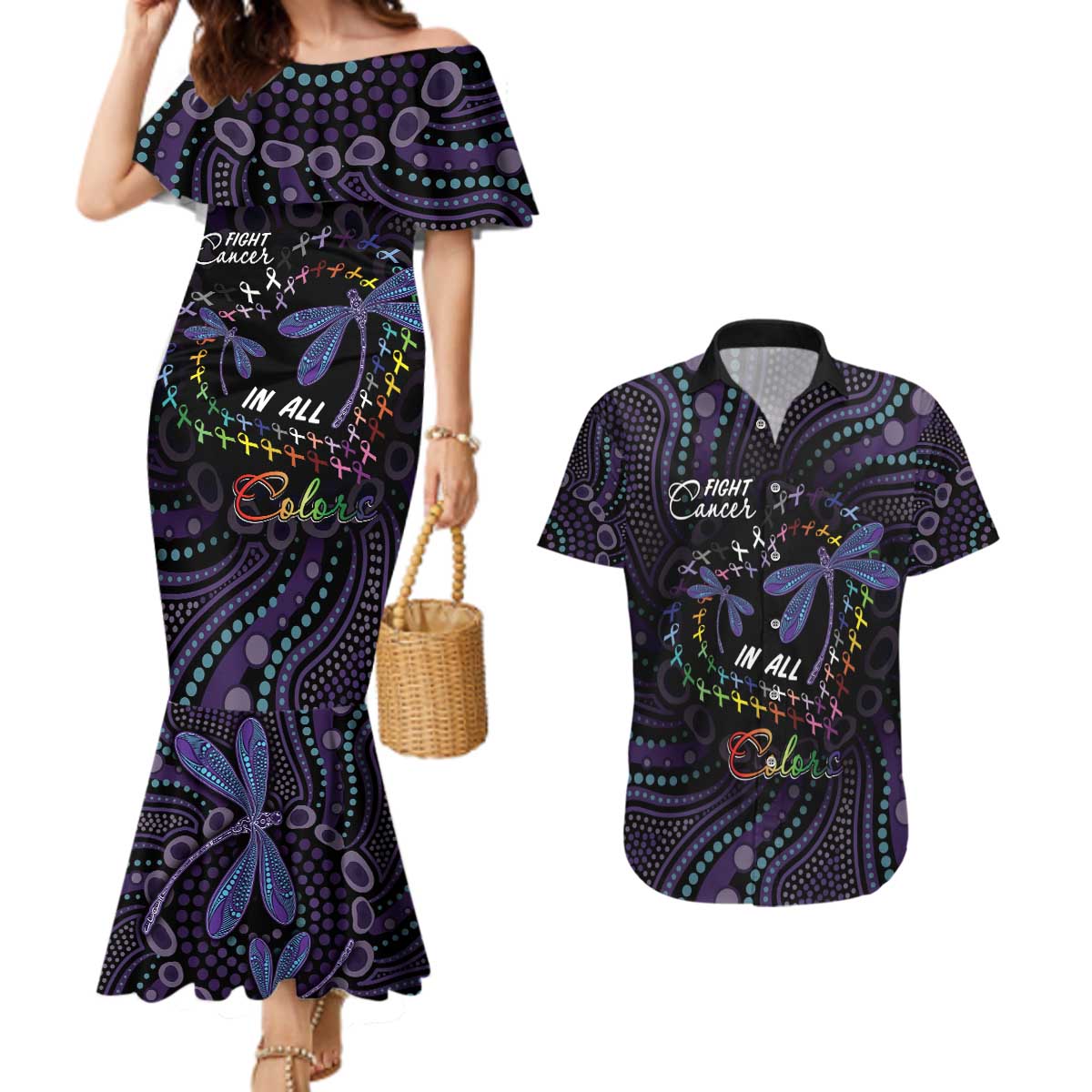 Fight Cancer In All Colors Australia Indigenous Couples Matching Mermaid Dress and Hawaiian Shirt Dragonflies Aboriginal Art