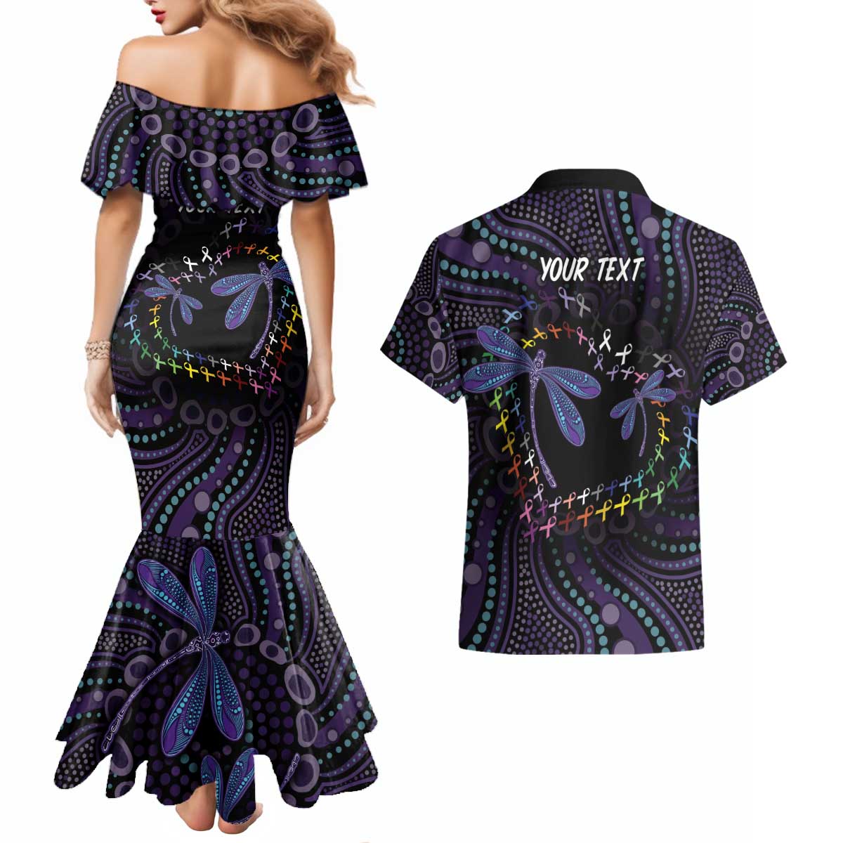 Fight Cancer In All Colors Australia Indigenous Couples Matching Mermaid Dress and Hawaiian Shirt Dragonflies Aboriginal Art