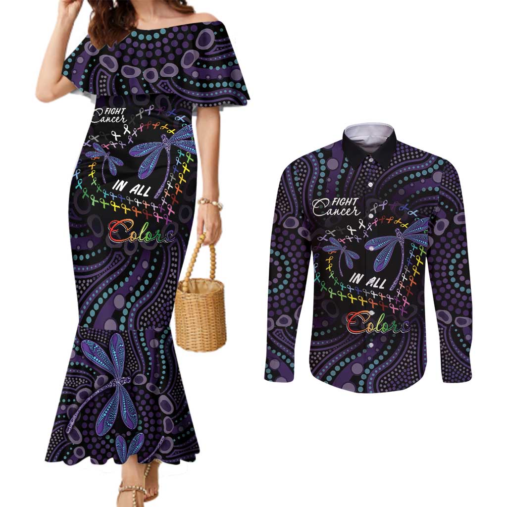 Fight Cancer In All Colors Australia Indigenous Couples Matching Mermaid Dress and Long Sleeve Button Shirt Dragonflies Aboriginal Art