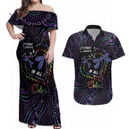 Fight Cancer In All Colors Australia Indigenous Couples Matching Off Shoulder Maxi Dress and Hawaiian Shirt Dragonflies Aboriginal Art