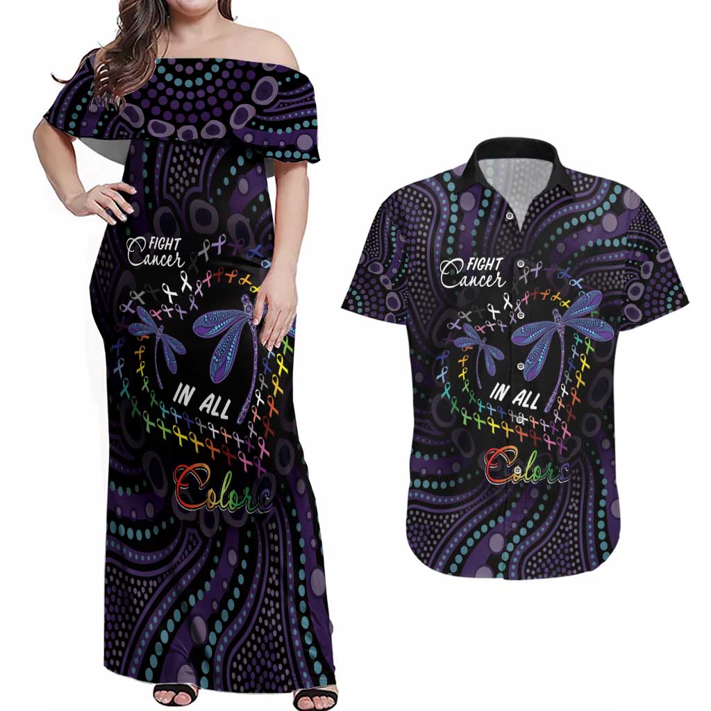 Fight Cancer In All Colors Australia Indigenous Couples Matching Off Shoulder Maxi Dress and Hawaiian Shirt Dragonflies Aboriginal Art