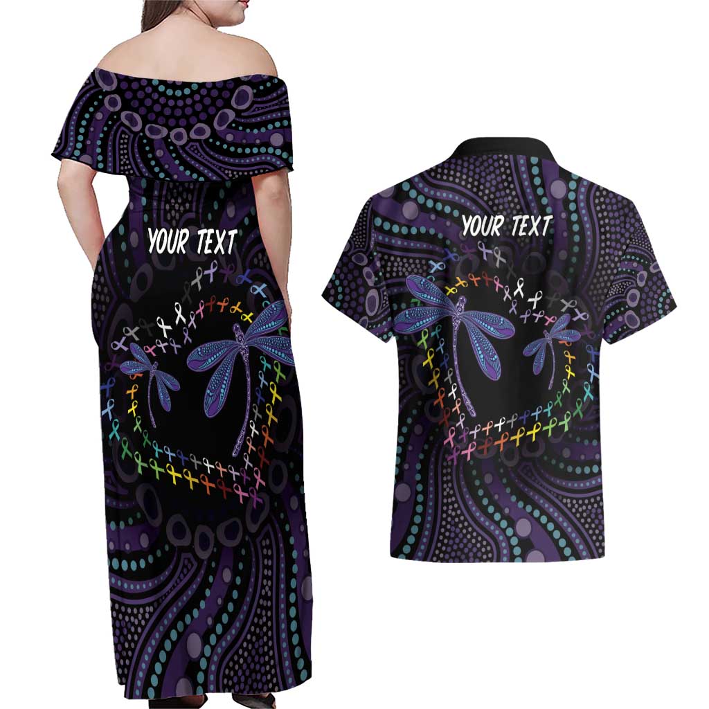 Fight Cancer In All Colors Australia Indigenous Couples Matching Off Shoulder Maxi Dress and Hawaiian Shirt Dragonflies Aboriginal Art