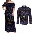 Fight Cancer In All Colors Australia Indigenous Couples Matching Off Shoulder Maxi Dress and Long Sleeve Button Shirt Dragonflies Aboriginal Art