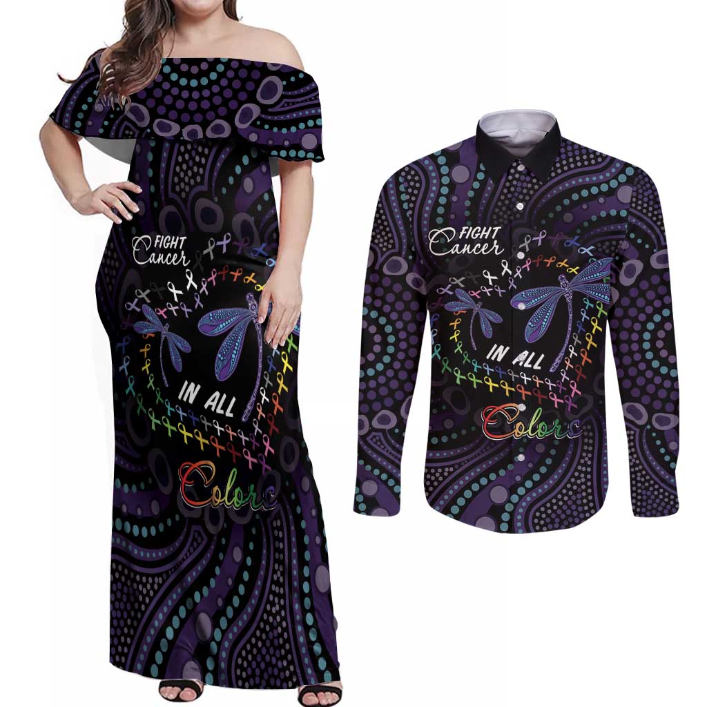 Fight Cancer In All Colors Australia Indigenous Couples Matching Off Shoulder Maxi Dress and Long Sleeve Button Shirt Dragonflies Aboriginal Art