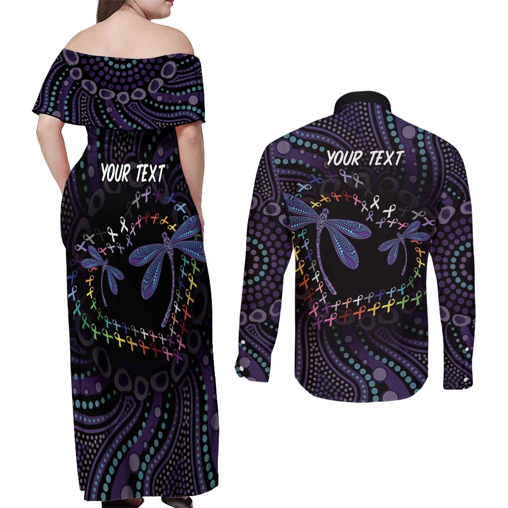 Fight Cancer In All Colors Australia Indigenous Couples Matching Off Shoulder Maxi Dress and Long Sleeve Button Shirt Dragonflies Aboriginal Art