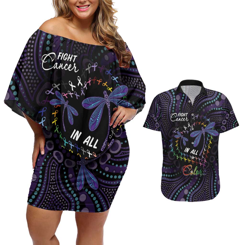 Fight Cancer In All Colors Australia Indigenous Couples Matching Off Shoulder Short Dress and Hawaiian Shirt Dragonflies Aboriginal Art