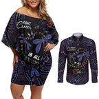 Fight Cancer In All Colors Australia Indigenous Couples Matching Off Shoulder Short Dress and Long Sleeve Button Shirt Dragonflies Aboriginal Art