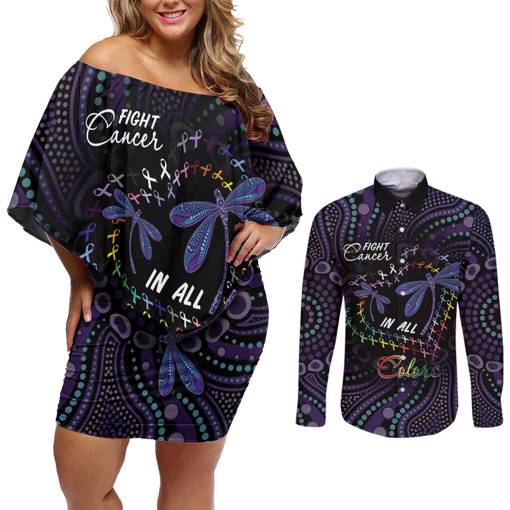 Fight Cancer In All Colors Australia Indigenous Couples Matching Off Shoulder Short Dress and Long Sleeve Button Shirt Dragonflies Aboriginal Art