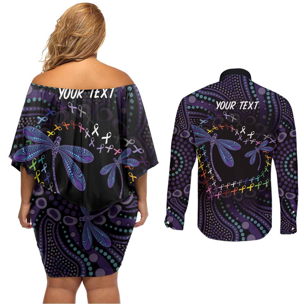 Fight Cancer In All Colors Australia Indigenous Couples Matching Off Shoulder Short Dress and Long Sleeve Button Shirt Dragonflies Aboriginal Art
