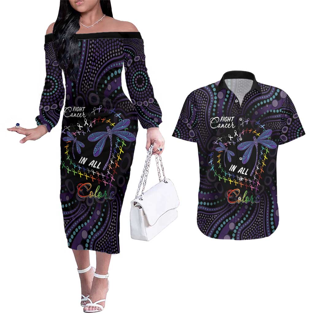 Fight Cancer In All Colors Australia Indigenous Couples Matching Off The Shoulder Long Sleeve Dress and Hawaiian Shirt Dragonflies Aboriginal Art