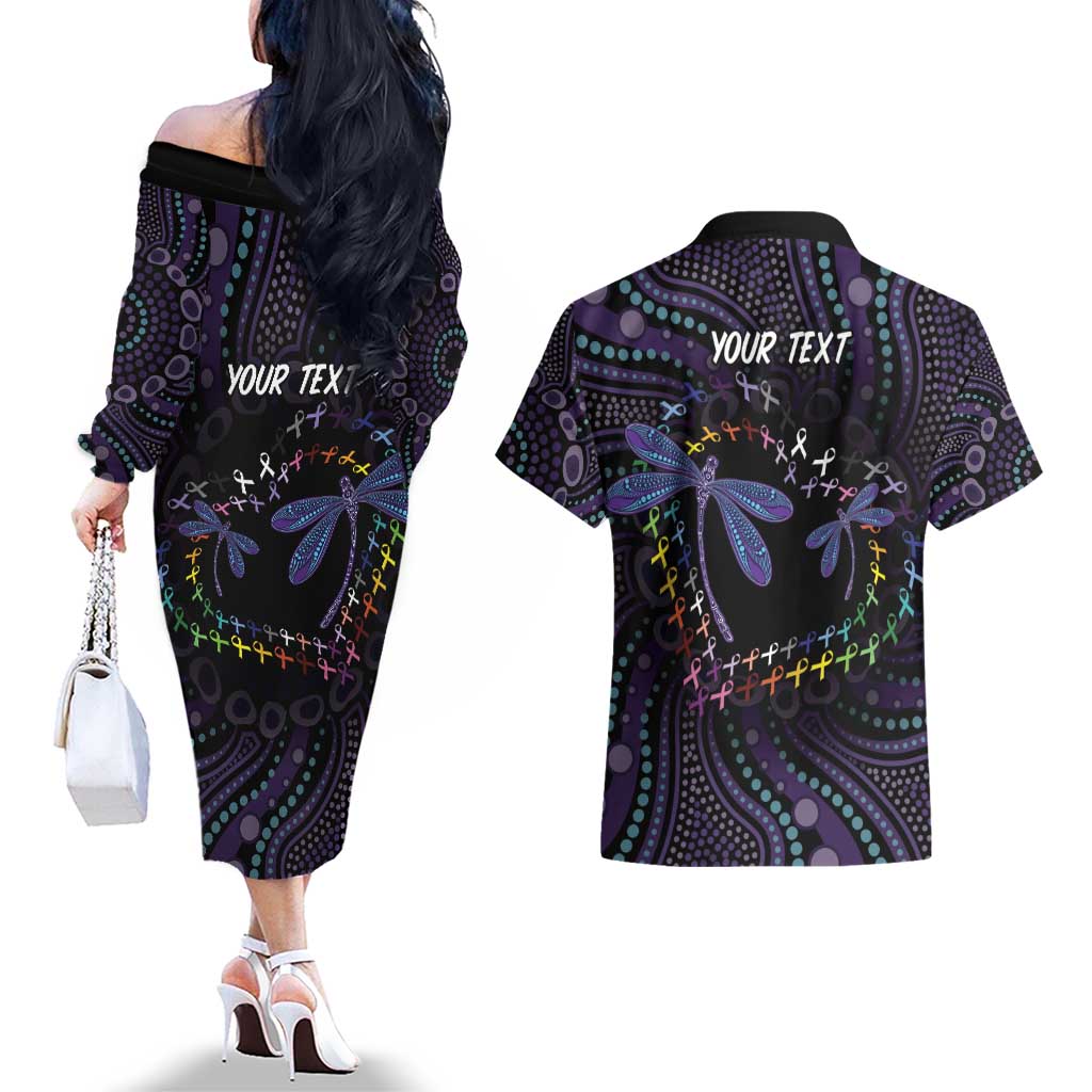 Fight Cancer In All Colors Australia Indigenous Couples Matching Off The Shoulder Long Sleeve Dress and Hawaiian Shirt Dragonflies Aboriginal Art